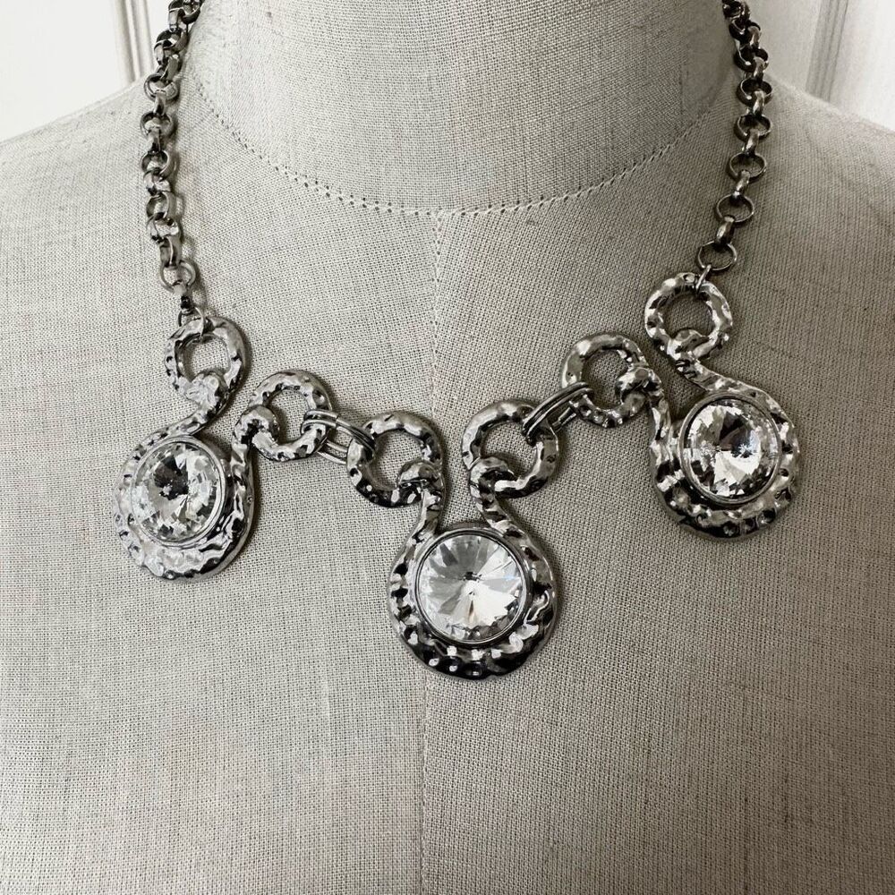 Bold Silver-Tone Statement Necklace with Hammered Metal & Rhinestones
